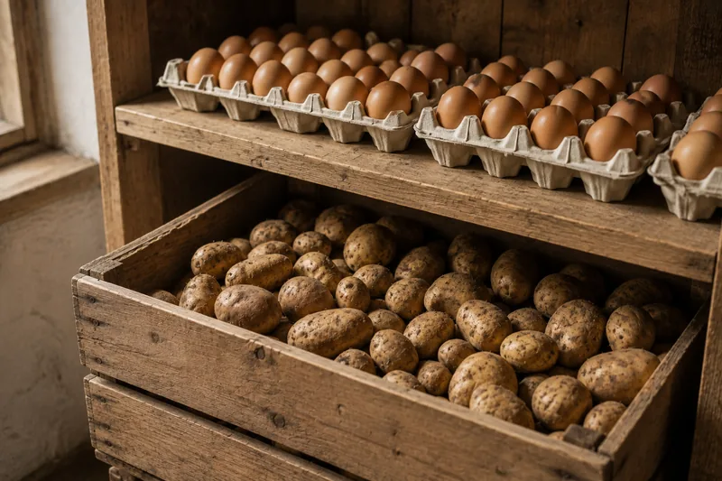 Eier in unbedruckten Pappschachteln über einer Holzkiste mit Kartoffeln