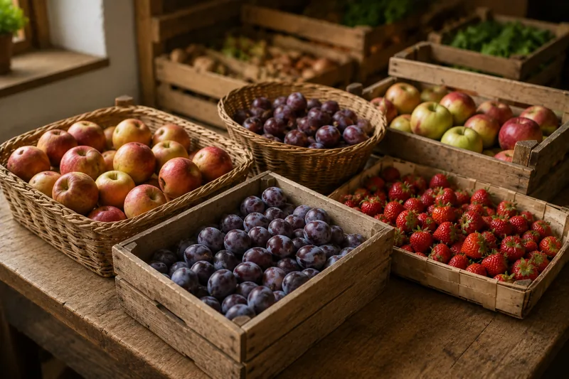 Spankörbe mit Äpfeln, Zwetschgen und Erdbeeren auf einem Holztisch